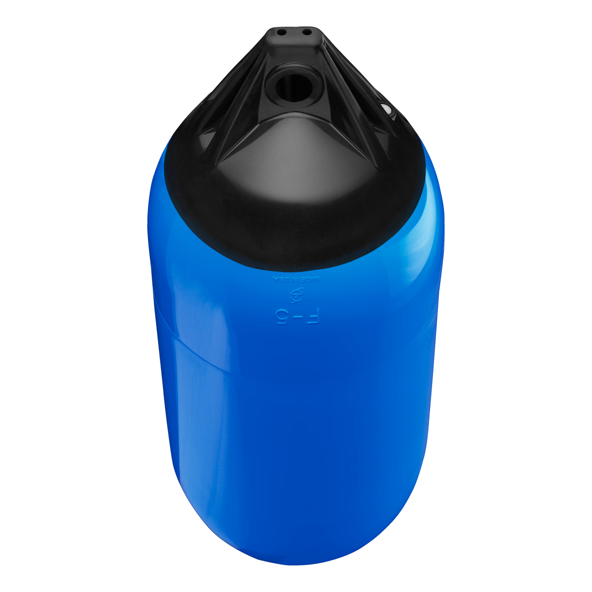 Blue boat fender with Black-Top, Polyform F-5 angled shot