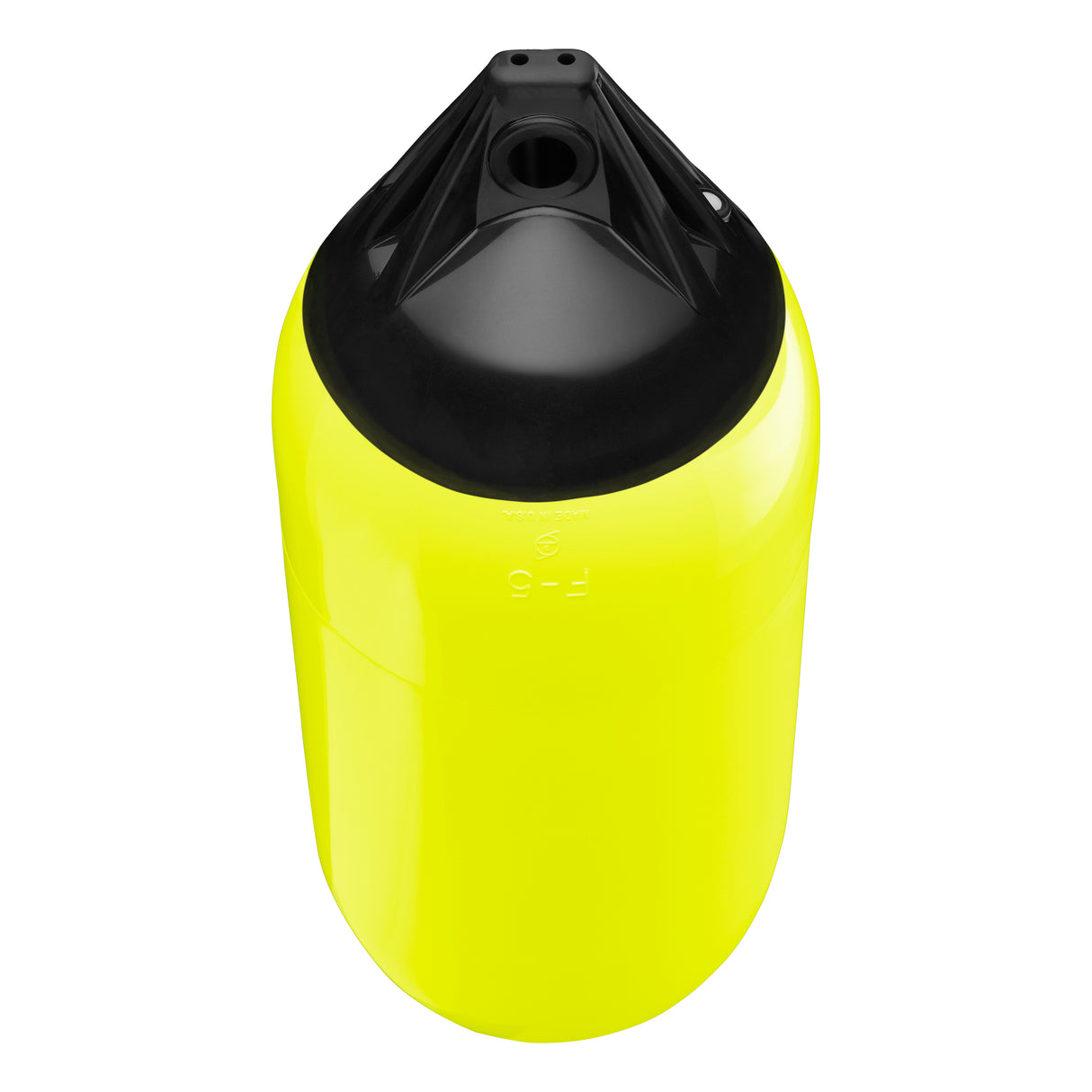 Saturn Yellow boat fender with Black-Top, Polyform F-5 angled shot