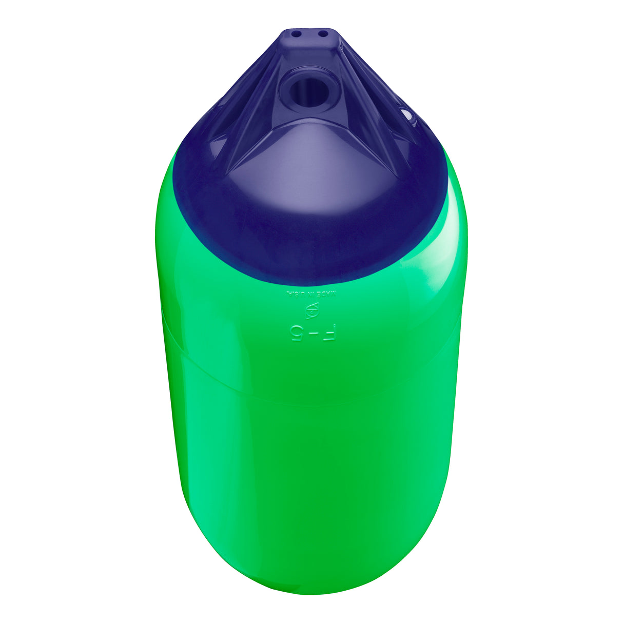Green boat fender with Navy-Top, Polyform F-5 angled shot