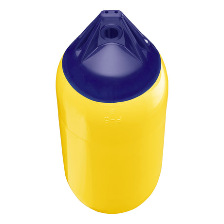 Yellow boat fender with Navy-Top, Polyform F-5 angled shot