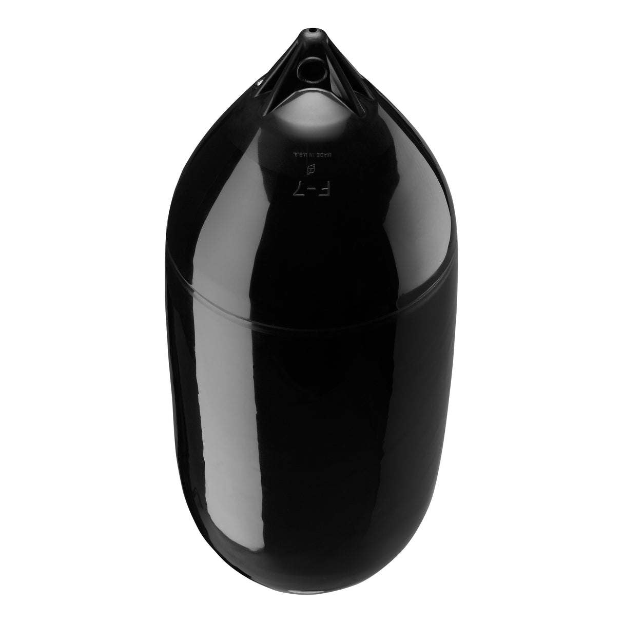 Black boat fender with Black-Top, Polyform F-7 angled shot