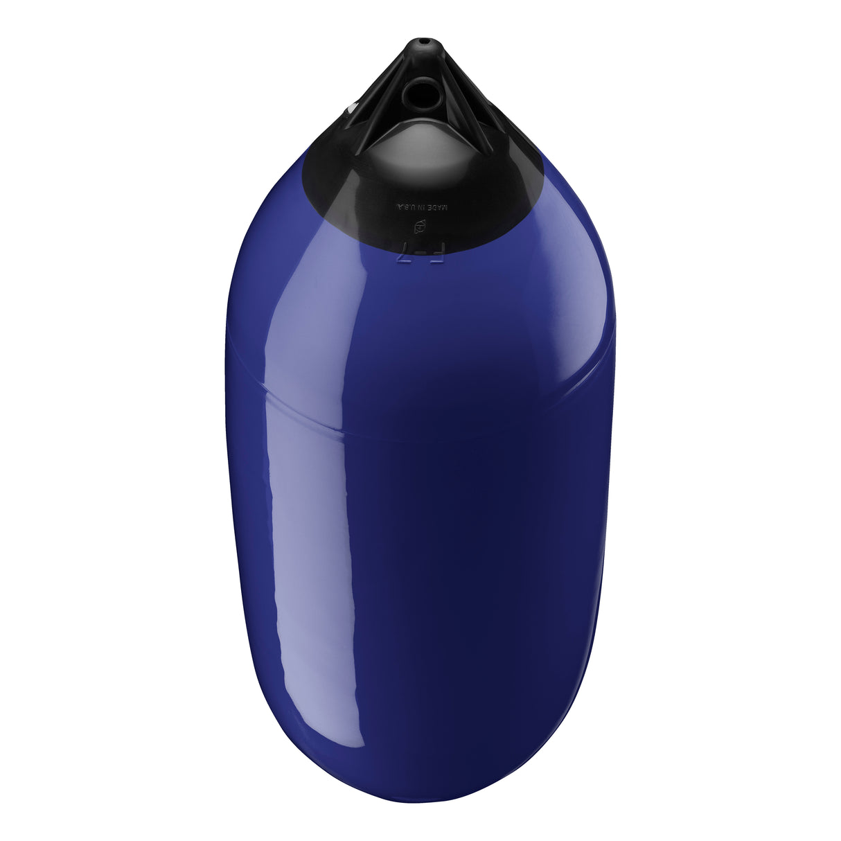 Navy Blue boat fender with Black-Top, Polyform F-7 angled shot