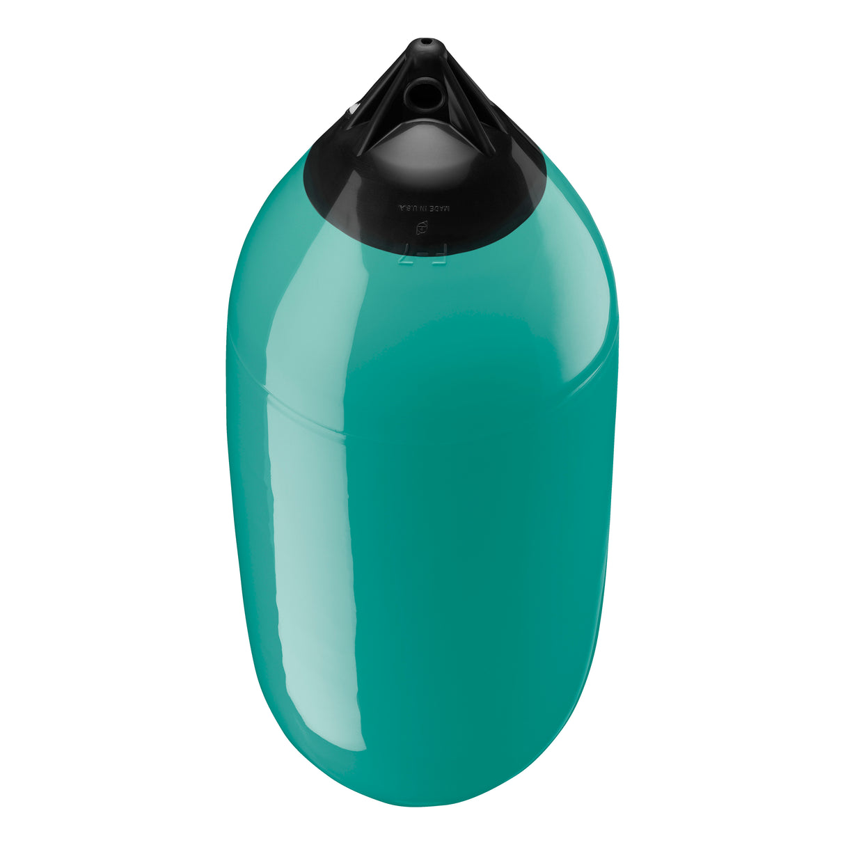 Teal boat fender with Black-Top, Polyform F-7 angled shot