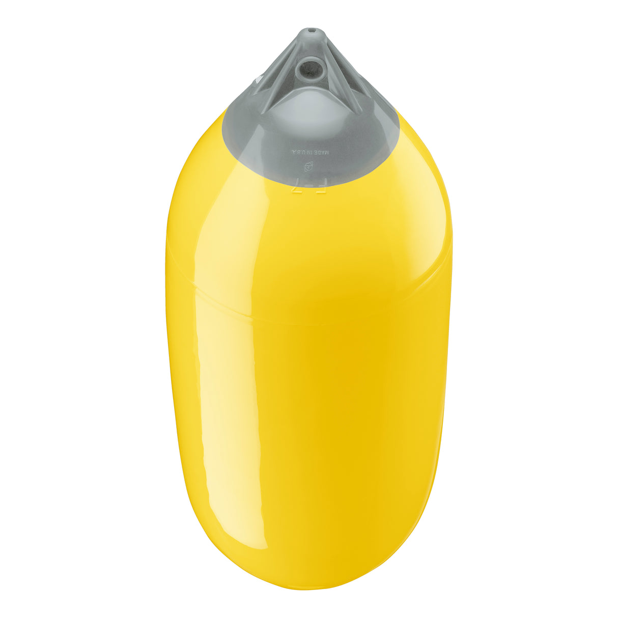 Yellow boat fender with Grey-Top, Polyform F-7 angled shot