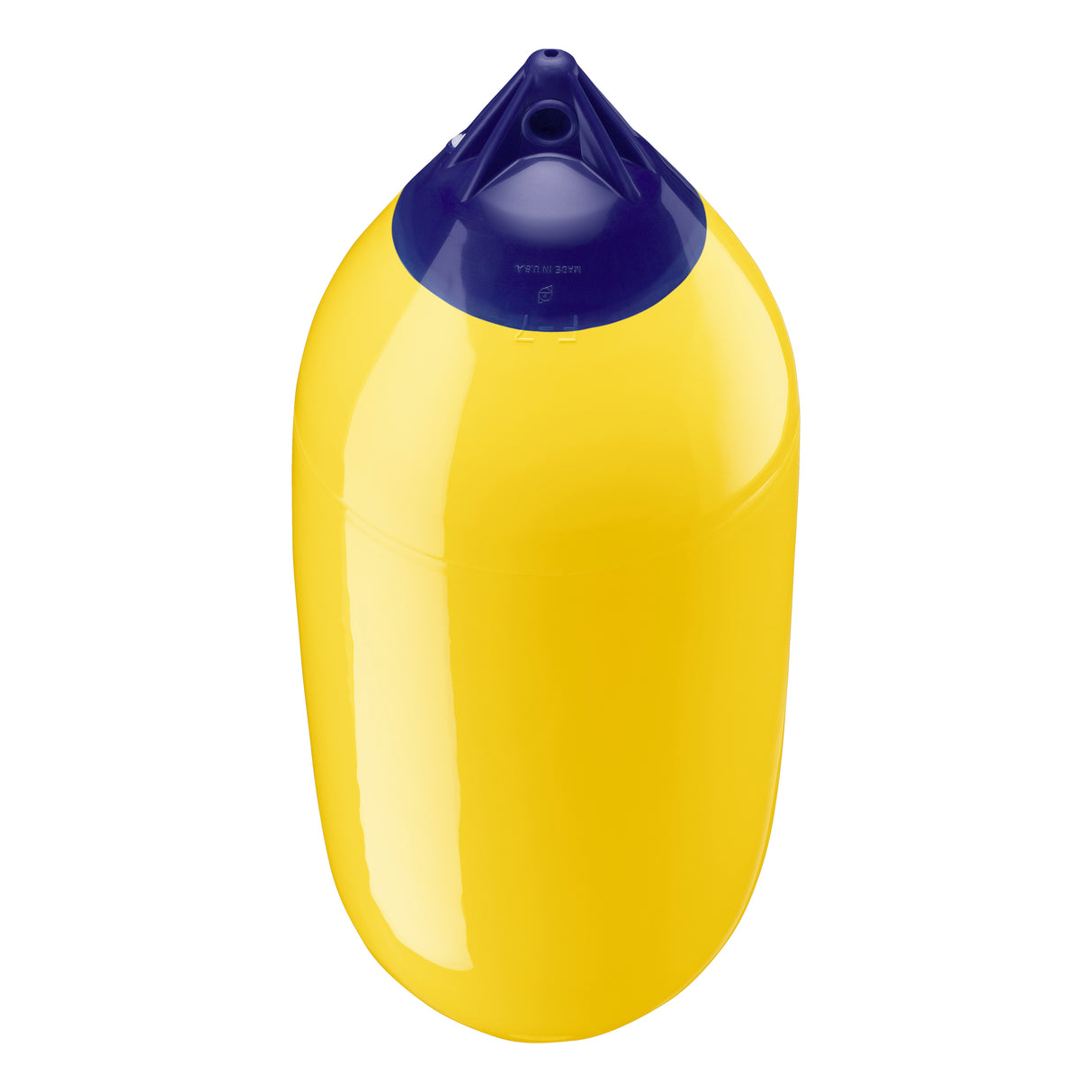 Yellow boat fender with Navy-Top, Polyform F-7 angled shot