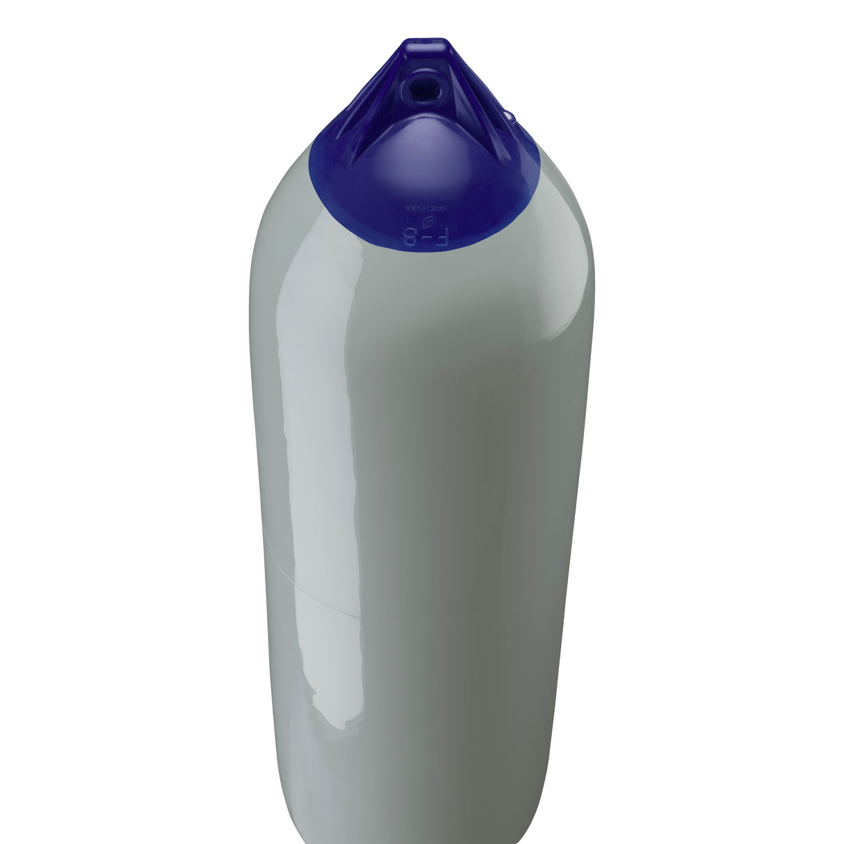 Grey boat fender with Navy-Top, Polyform F-8 angled shot