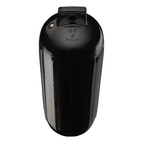 Black boat fender, Polyform G-5 angled shot